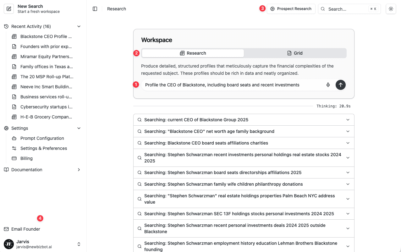 Annotated NewBizBot interface showing numbered areas: sidebar, mode toggle, configuration selector, and search process