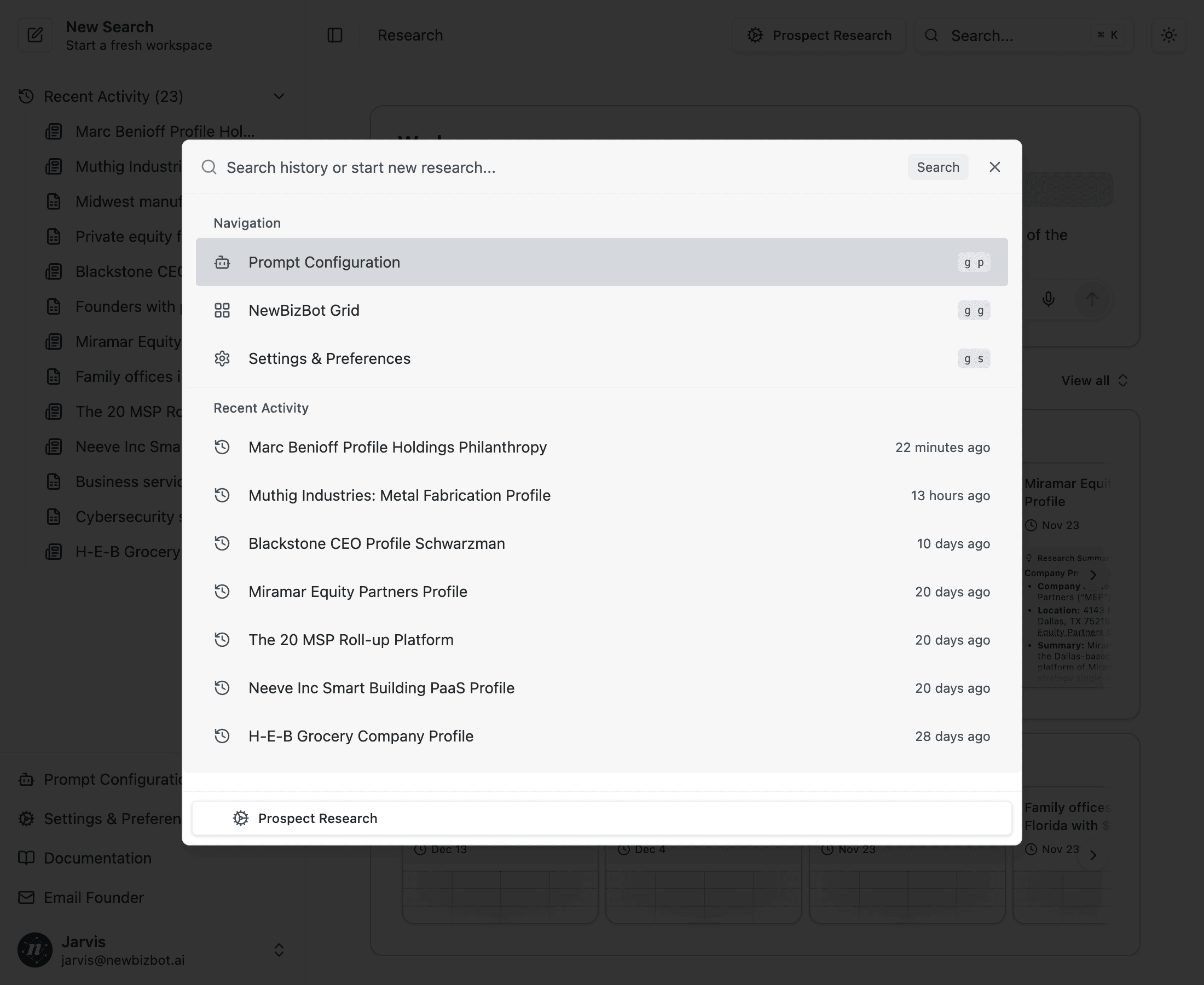 Command palette open showing navigation options and recent activity
