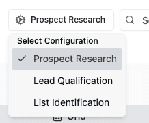 Configuration dropdown showing Prospect Research, Lead Qualification, and List Identification options