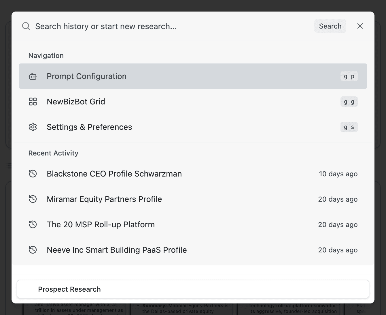 Command Palette showing Navigation section with keyboard shortcuts and Recent Activity with past searches