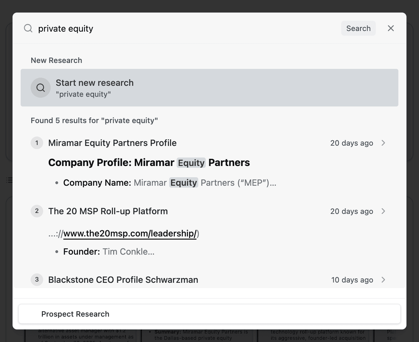 Command Palette with search query showing Start new research option and matching results from history