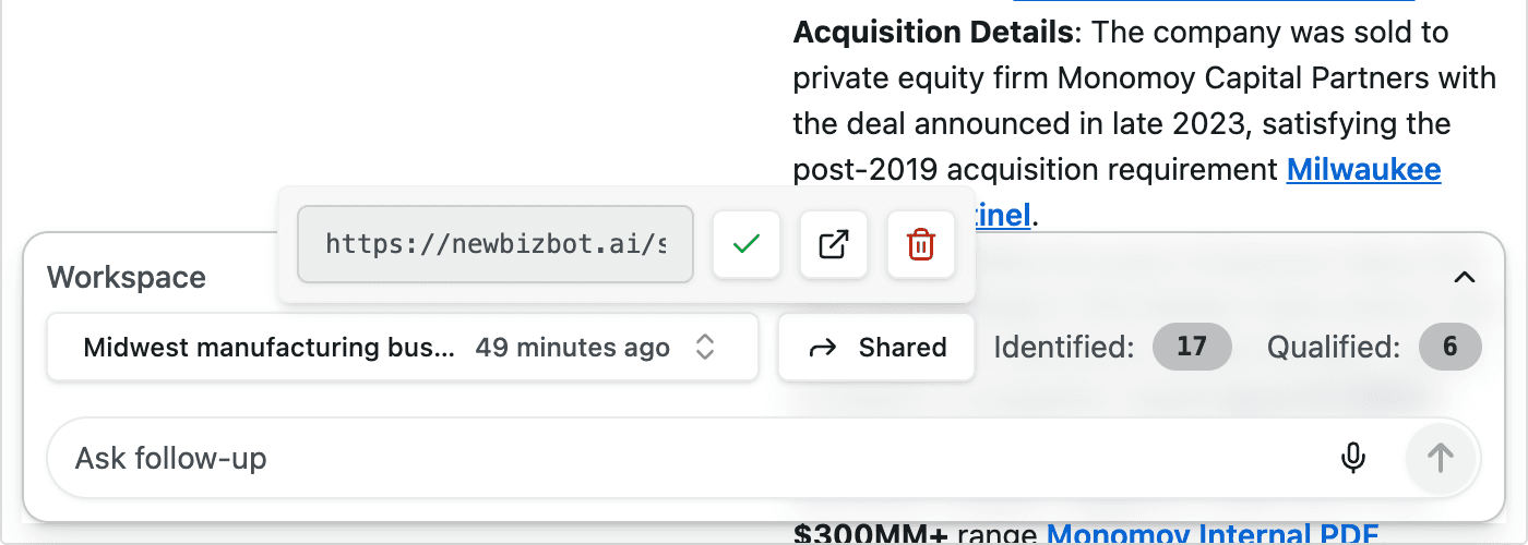 Shared Grid view showing public URL, share status, and Identified/Qualified counts