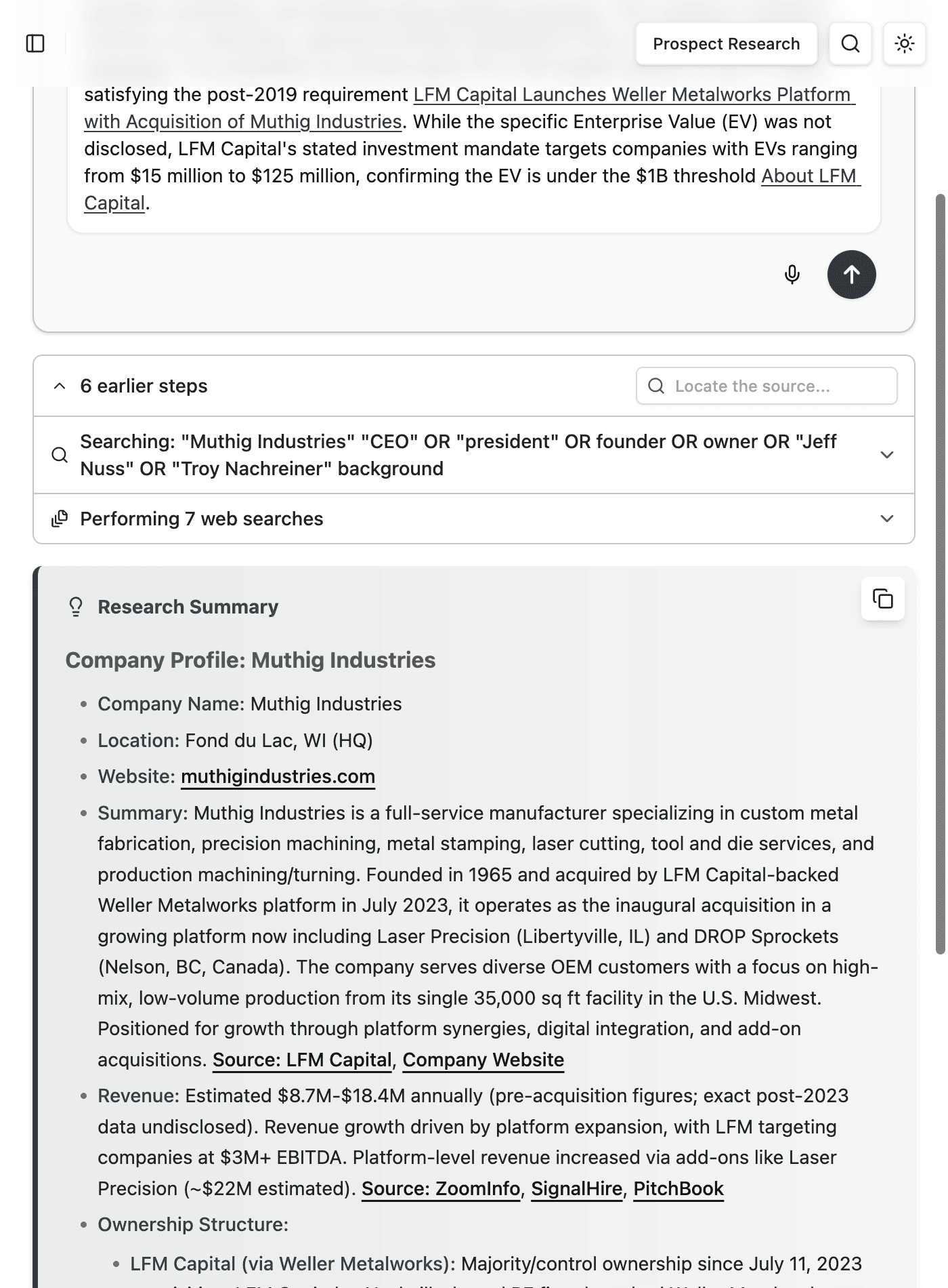 Individual prospect profile showing Research Summary header and structured sections