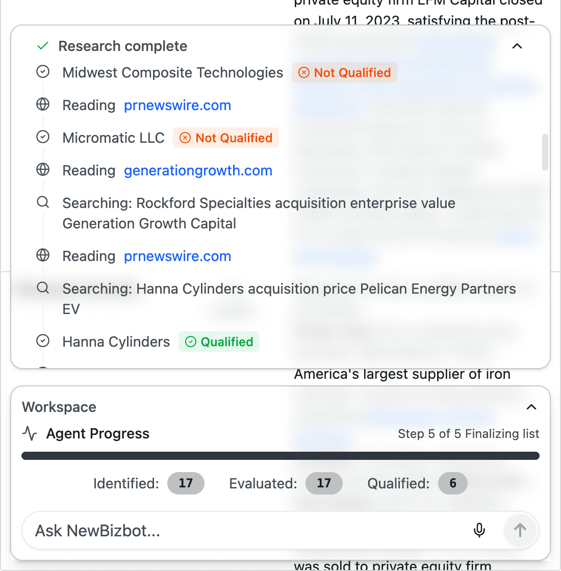 Research progress panel showing qualification steps, search queries, and Agent Progress statistics