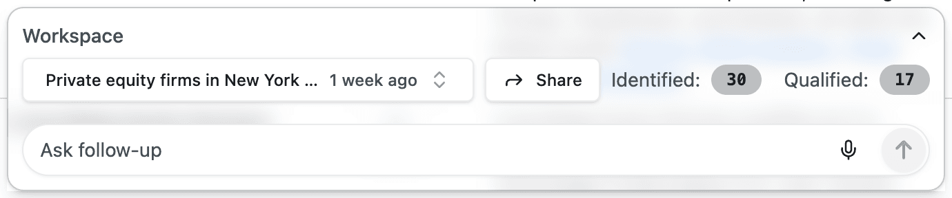 Grid workspace panel showing search query title, timestamp, Share button, and Identified/Qualified statistics