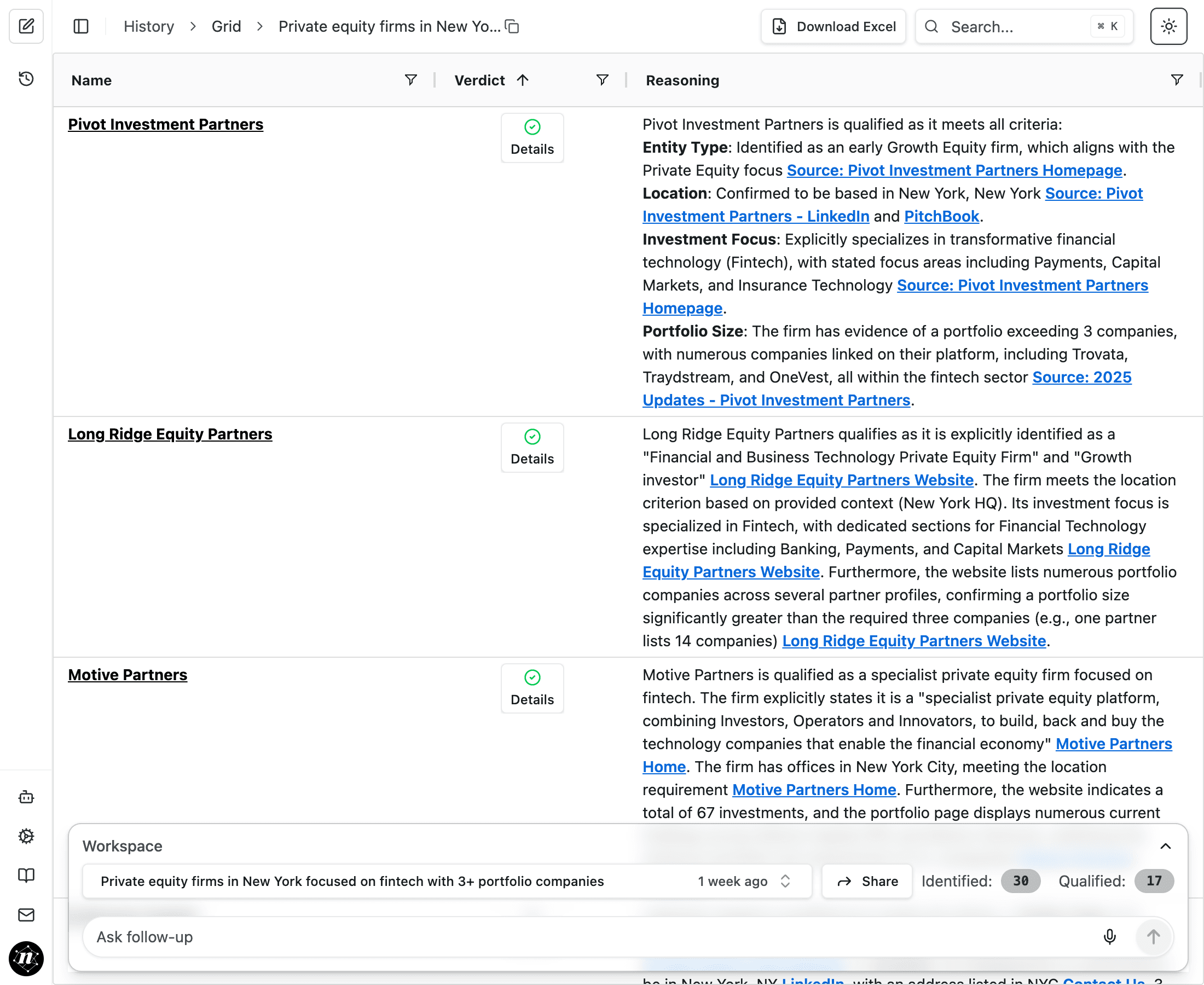 Grid history view showing qualification table with Name, Verdict, and Reasoning columns