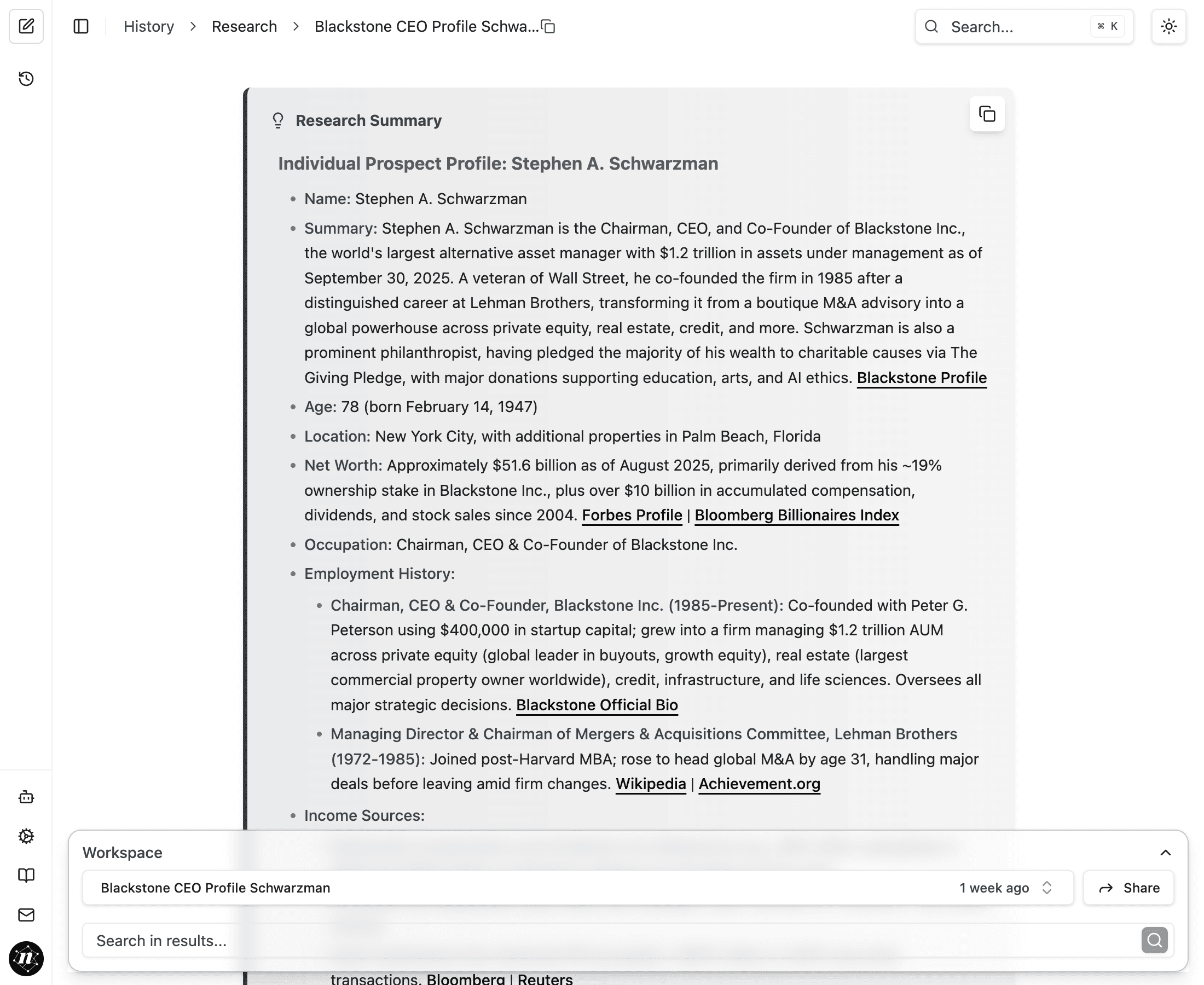 Individual research profile showing structured data fields with hyperlinked sources like Forbes Profile, Bloomberg, and LinkedIn