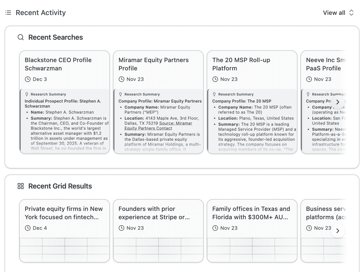 Main workspace showing Recent Activity section with both Recent Searches cards and Recent Grid Results cards