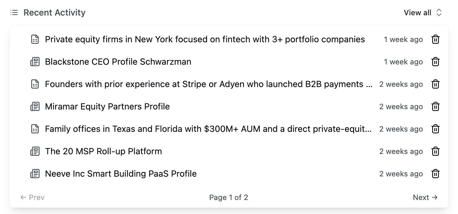 Expanded View all selector showing paginated list of all research history with search bar and navigation controls