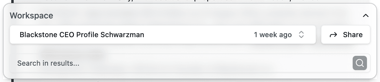 Workspace panel showing the Share button next to the research title and timestamp