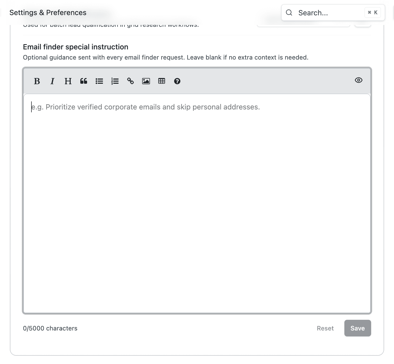 Email finder special instruction field expanded with rich text editor toolbar and placeholder text