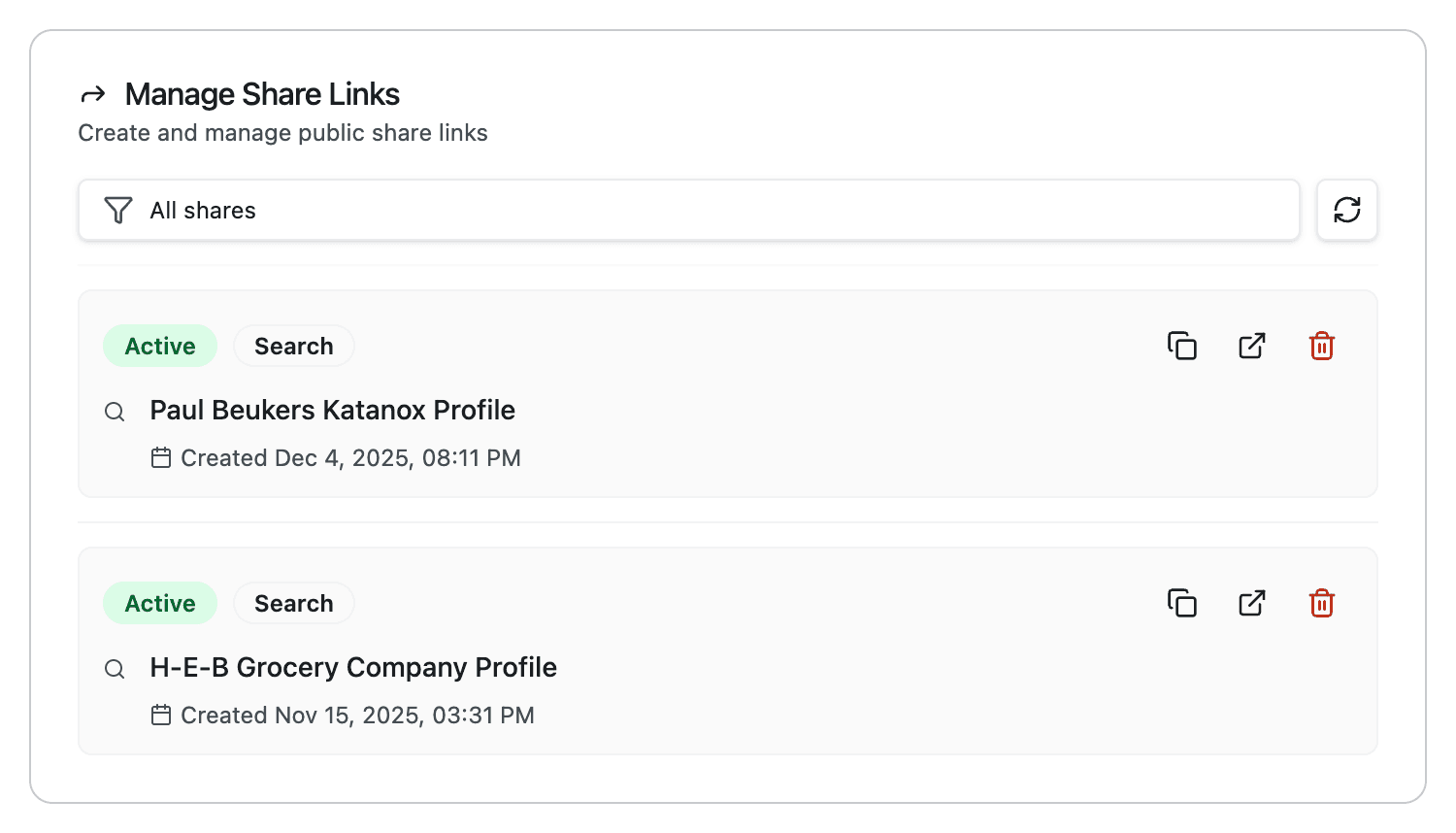 Manage Share Links section showing filter dropdown and share cards with Active status badges, type badges, and action buttons