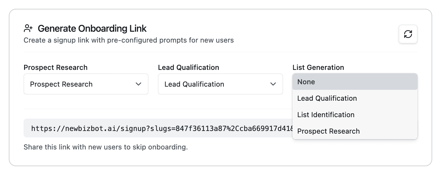Generate Onboarding Link section with three dropdown fields for Prospect Research, Lead Qualification, and List Generation