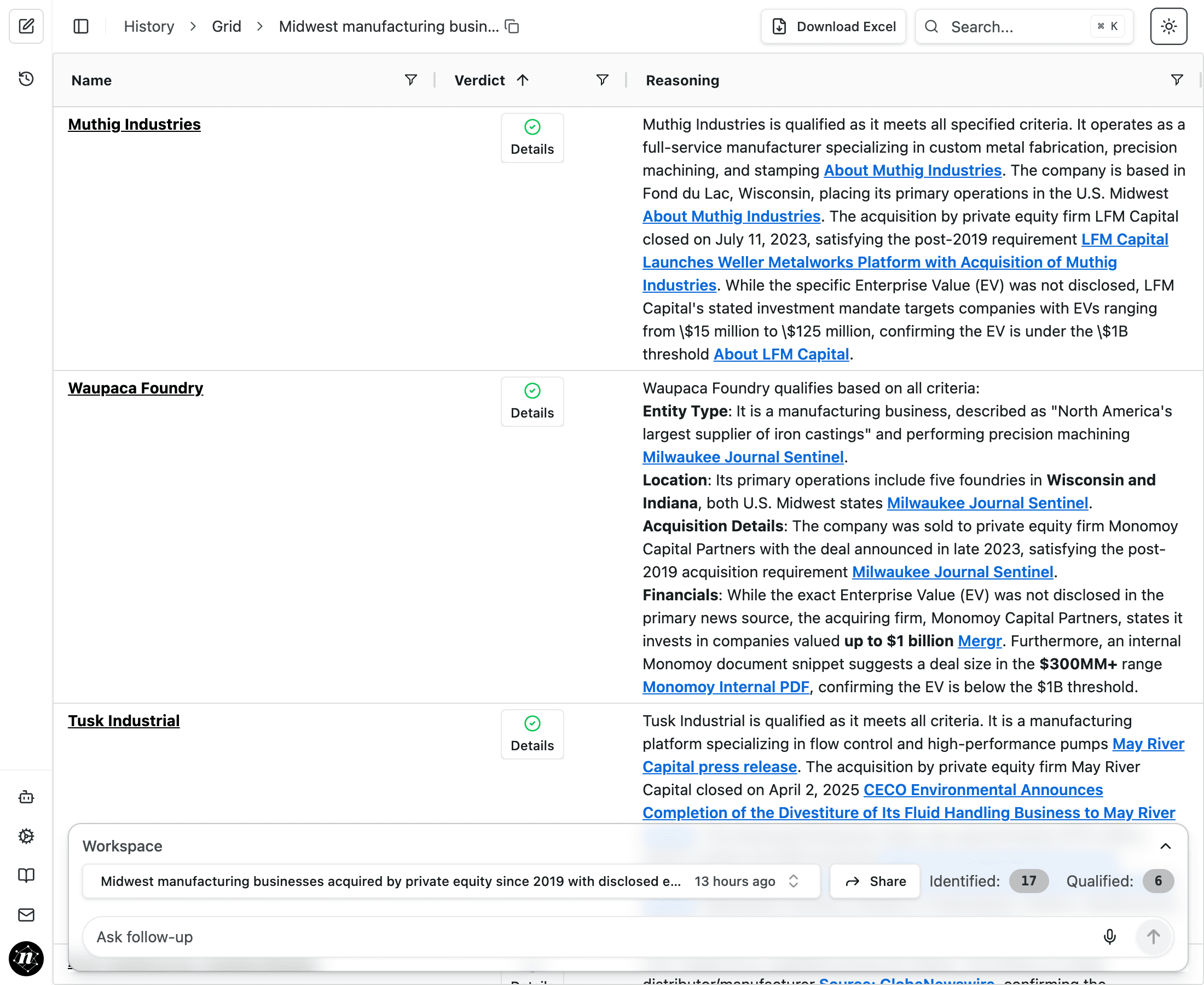Grid results showing Name, Verdict, and Reasoning columns with qualified entities
