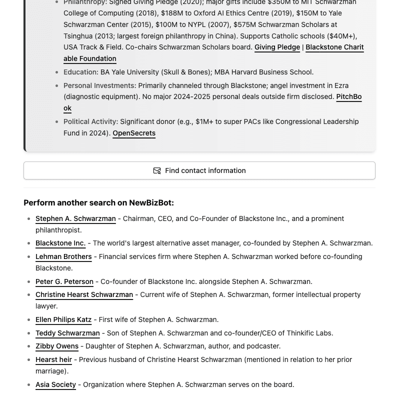 Completed research profile showing related entity suggestions and contact information button