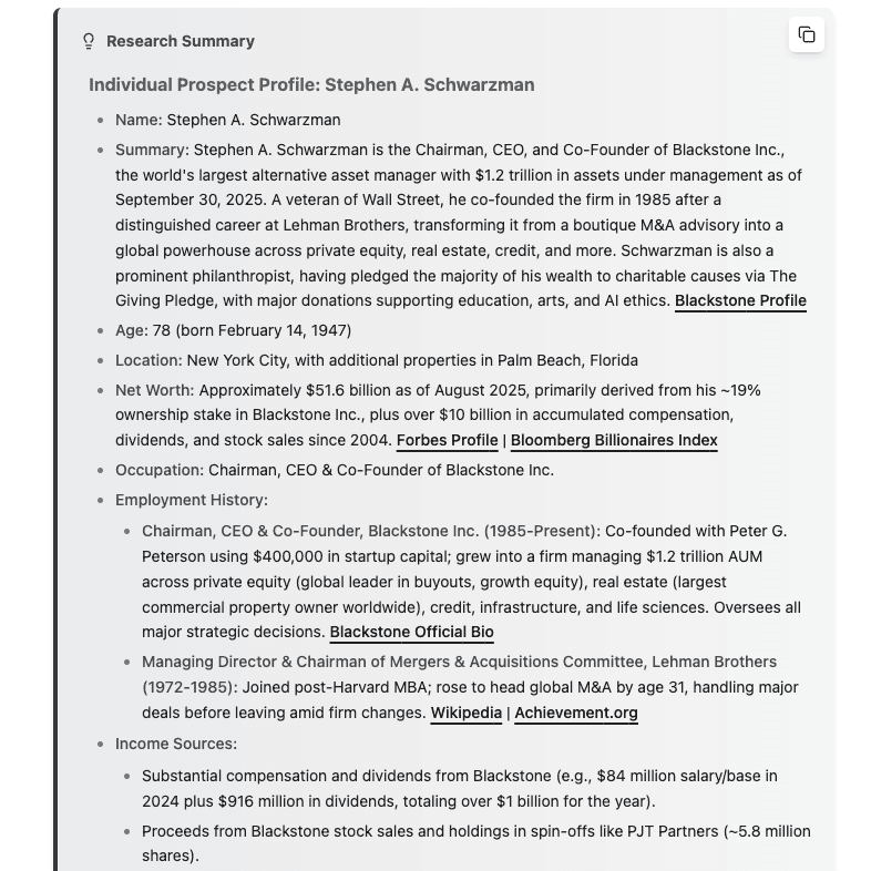 Research Summary showing a detailed profile of Stephen A. Schwarzman with source citations