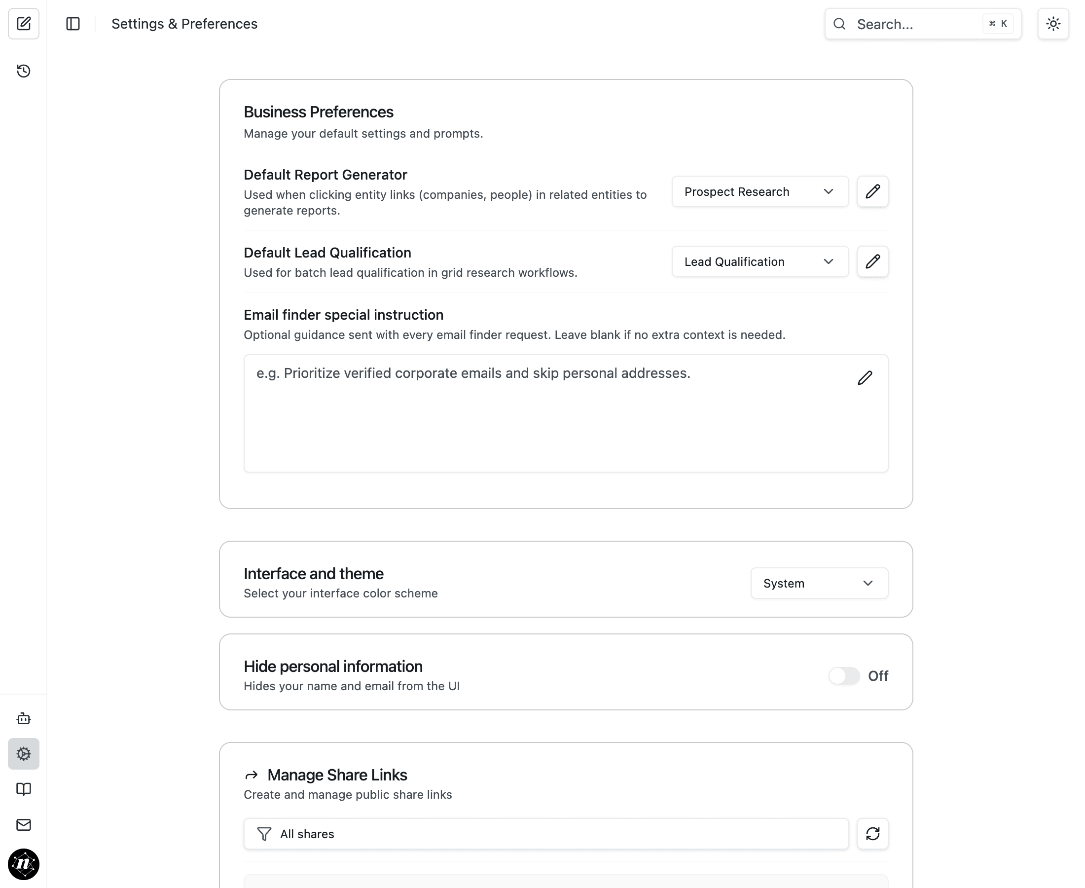Settings & Preferences page showing Business Preferences options
