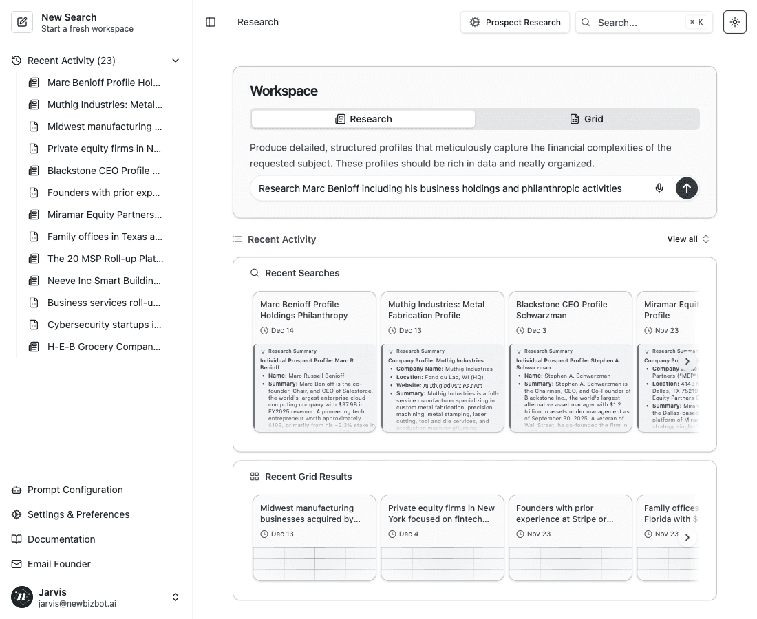 Main interface with configuration dropdown showing Prospect Research and example query typed in input field