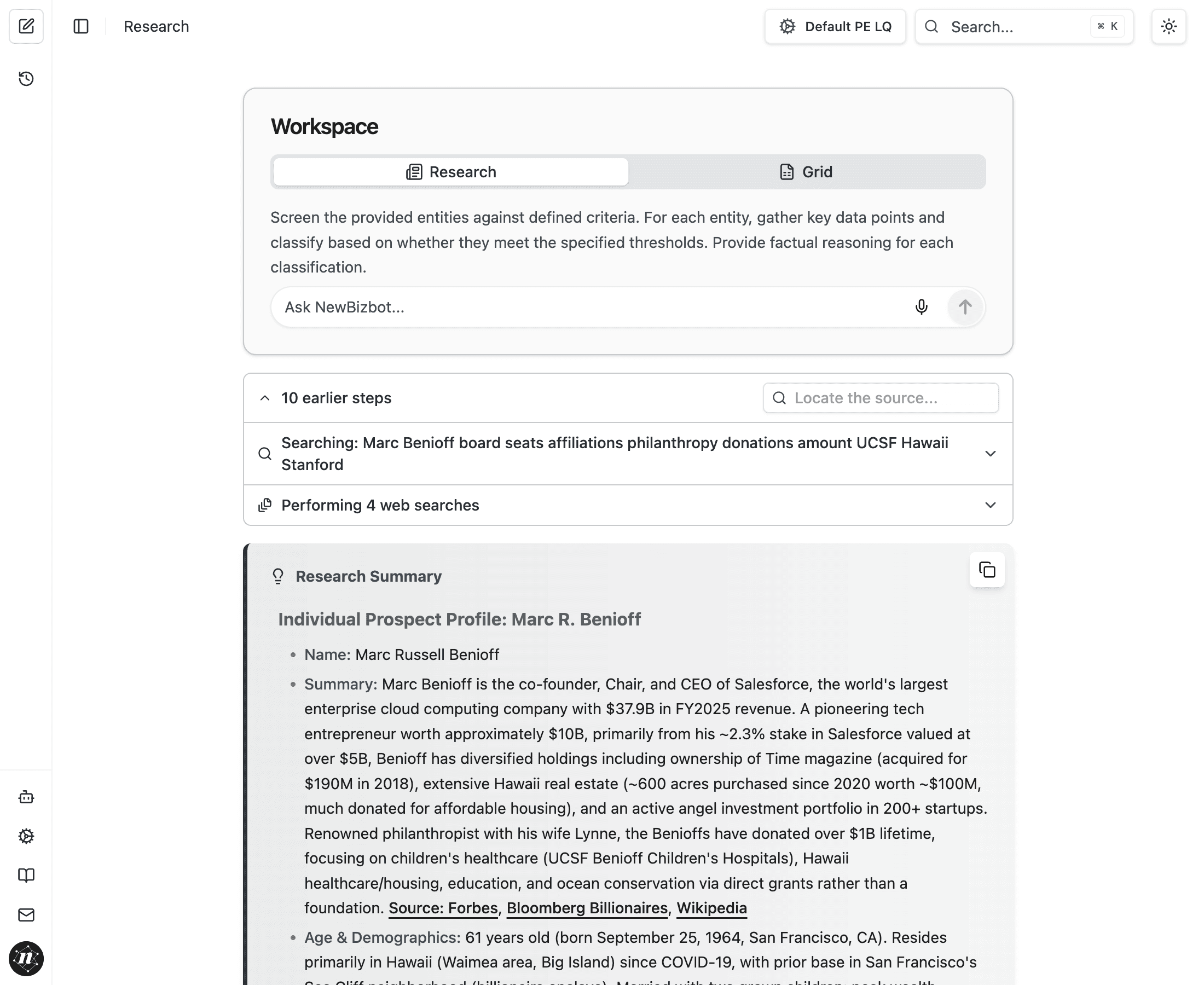 NewBizBot research interface showing multiple parallel searches being executed