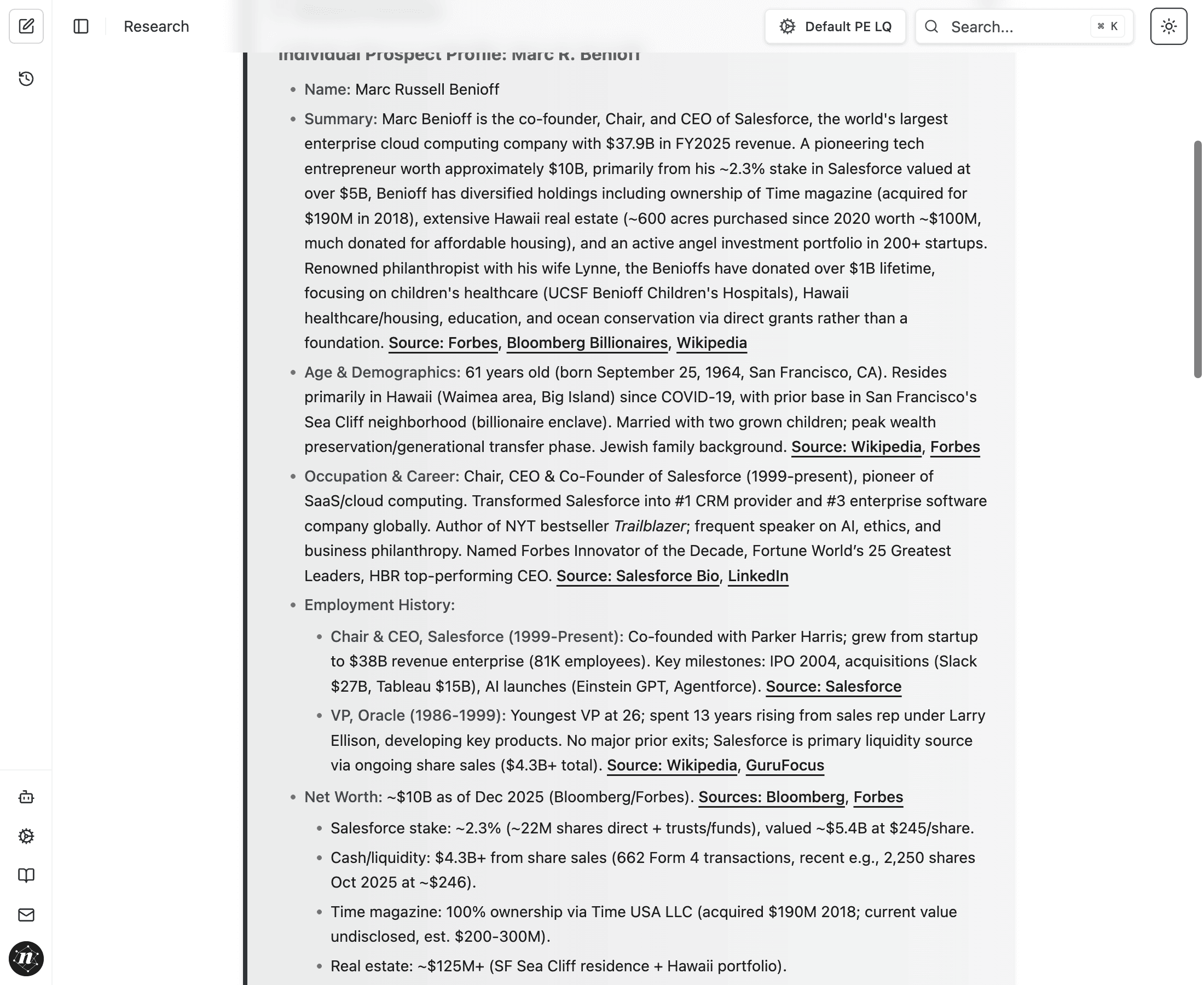 Completed research profile showing structured findings with source citations