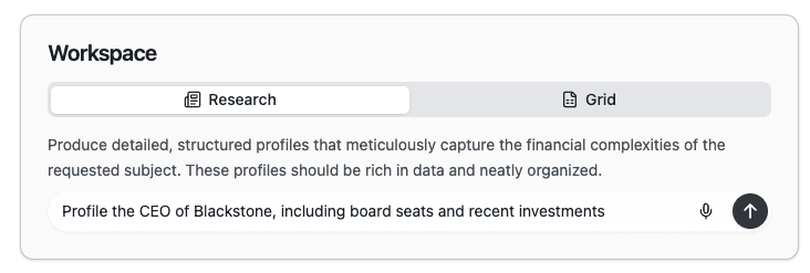 NewBizBot workspace with query input field showing a sample research query