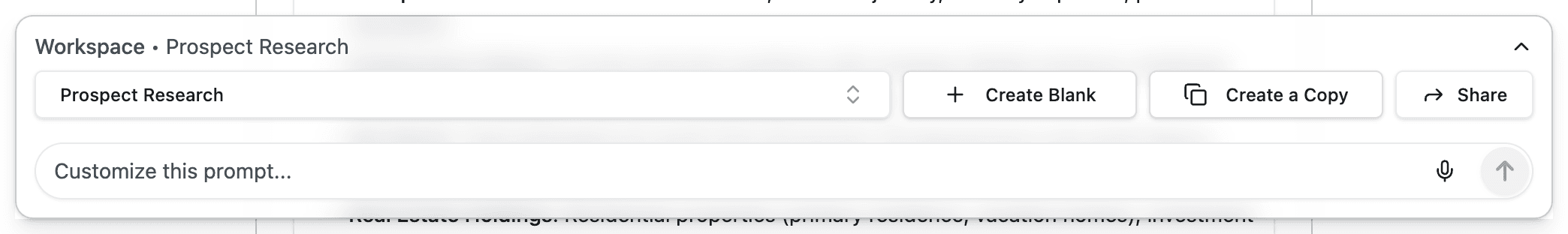 Bottom workspace panel showing the configuration dropdown, Create Blank and Create a Copy buttons, and Customize this prompt text field
