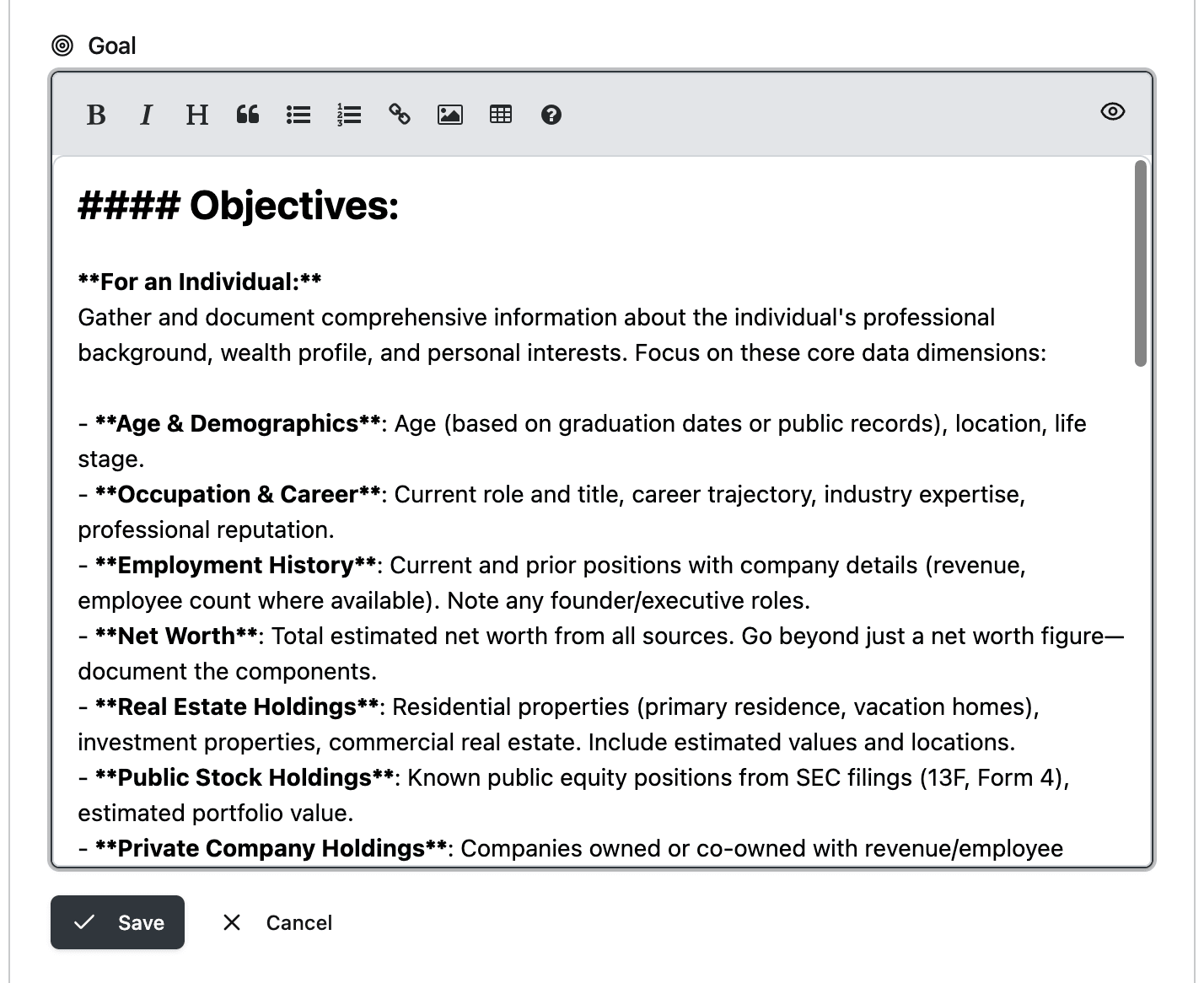 Goal section in edit mode showing the markdown editor toolbar and detailed objectives for Individual and Company research