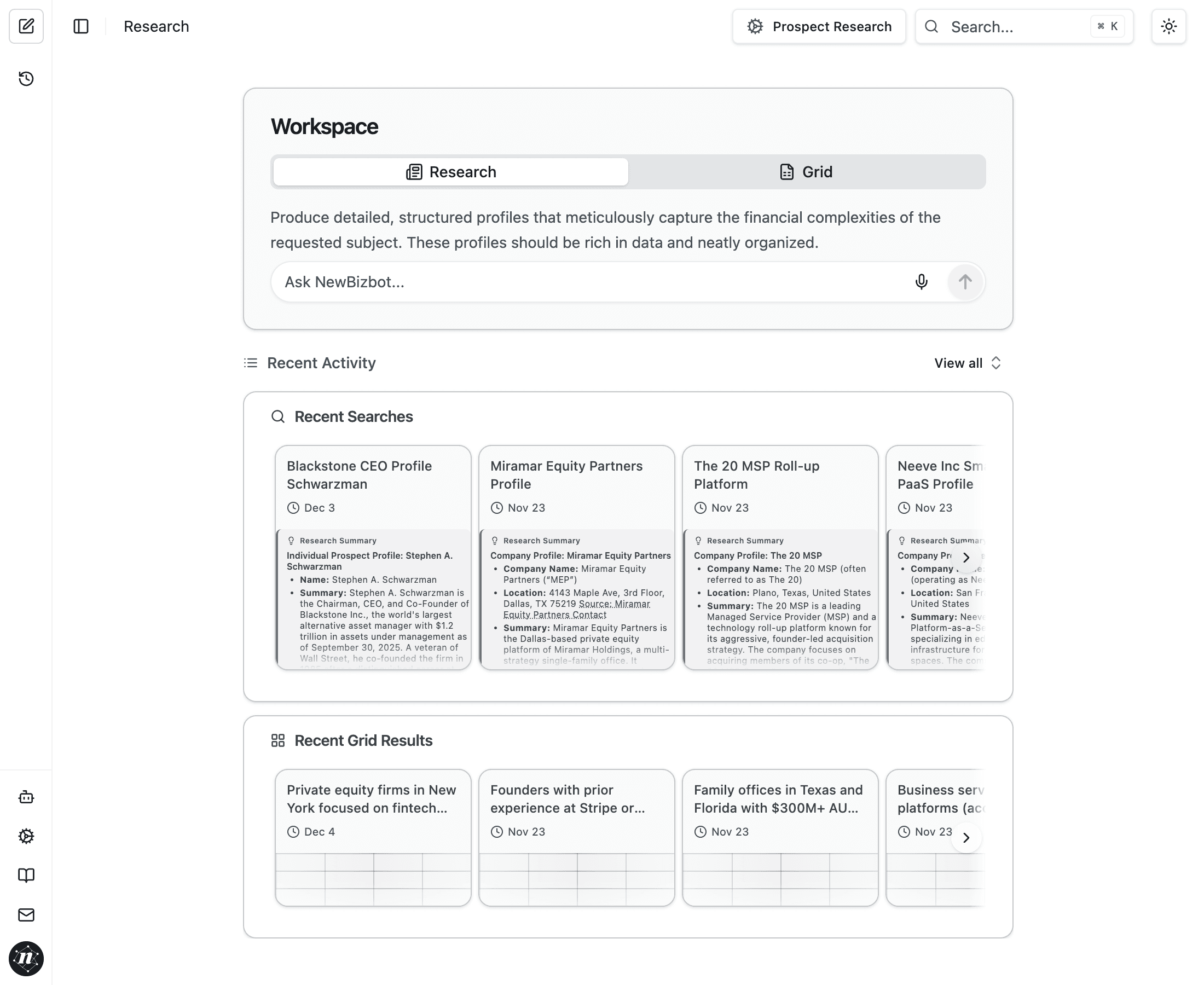 Main workspace showing the Research/Grid toggle tabs with Research selected and Prospect Research configuration in the header